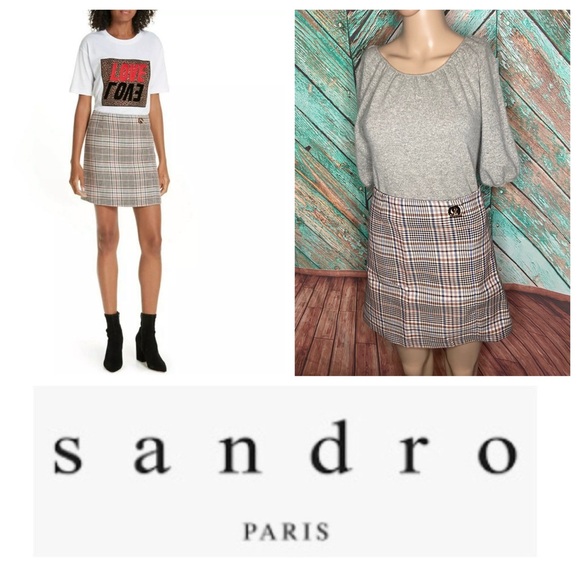 SANDRO Power plaid houndstooth check woven A-line high waist mini skirt - Picture 1 of 9